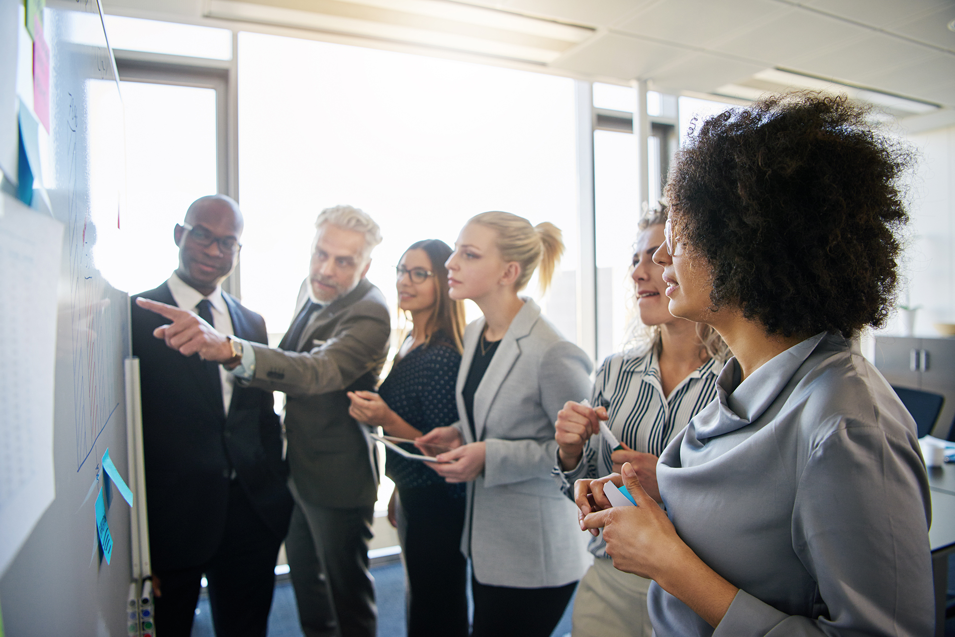 A team of executives brainstorming growth strategies around a whiteboard, discussing goals and exploring new opportunities