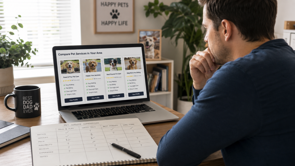PetsAgile_Customer comparing multiple pet businesses during the research process