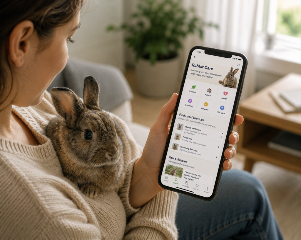 Customer evaluating pet businesses through online reviews and professional business profiles