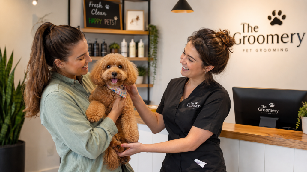 PetsAgile_Happy pet owner picking up a freshly groomed dog