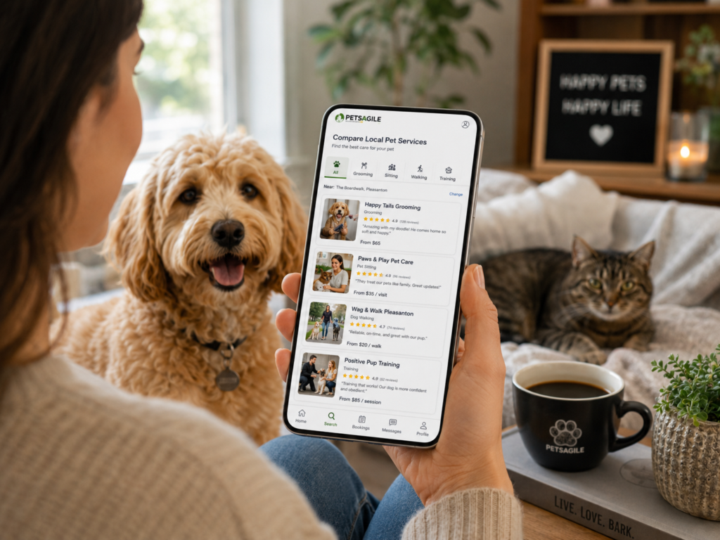 PetsAgile_Pet owner comparing pet businesses online before choosing a service provider