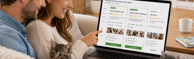 PetsAgile_Pet owner evaluating different pet service providers online
