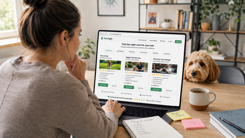 PetsAgile_Pet owner evaluating multiple pet businesses online
