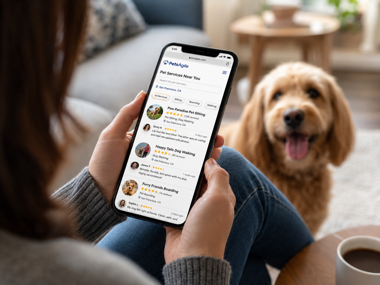 PetsAgile_Pet owner reading reviews before choosing a pet business