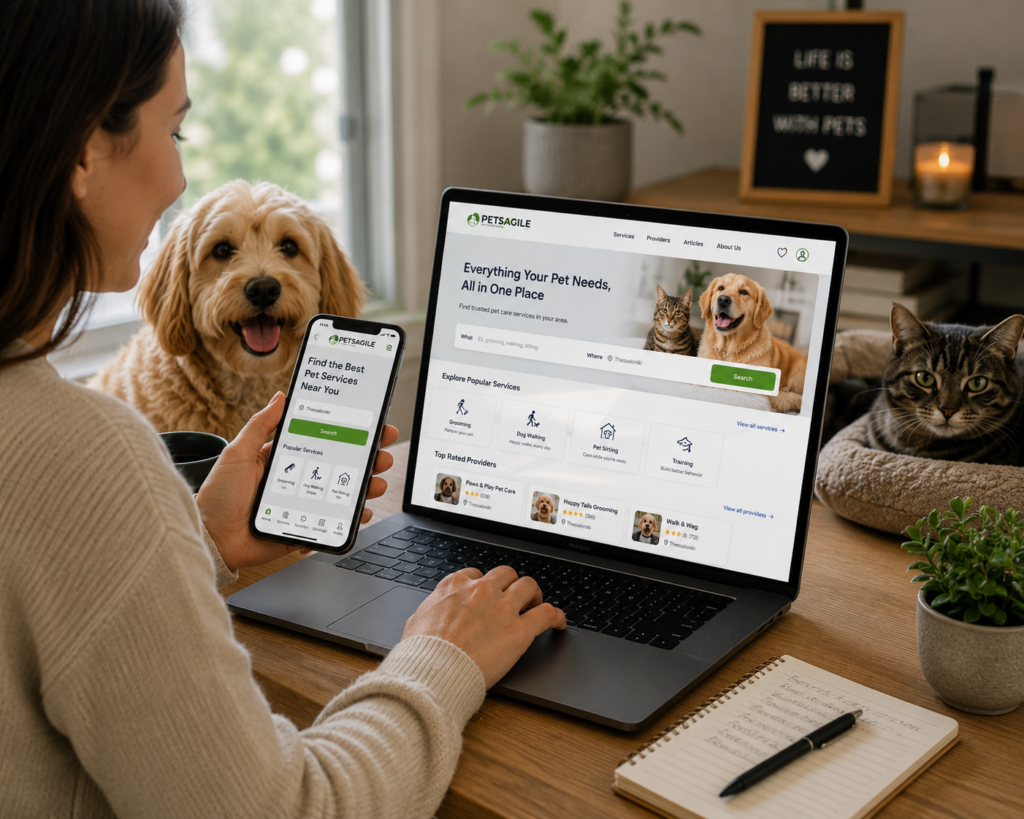 Pet owner researching local pet services online before making a decision