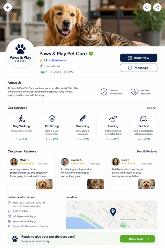 Professional pet business listing with reviews and business information