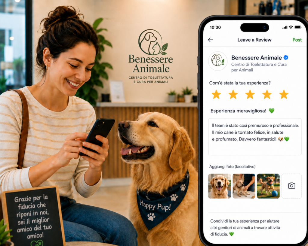Satisfied pet owner sharing feedback after a positive pet care experience