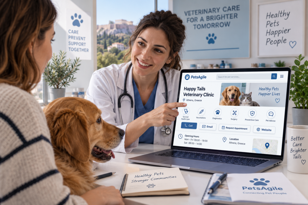 Veterinary clinic in Greece explaining contact options, services, hours, and appointment information through a PetsAgile profile